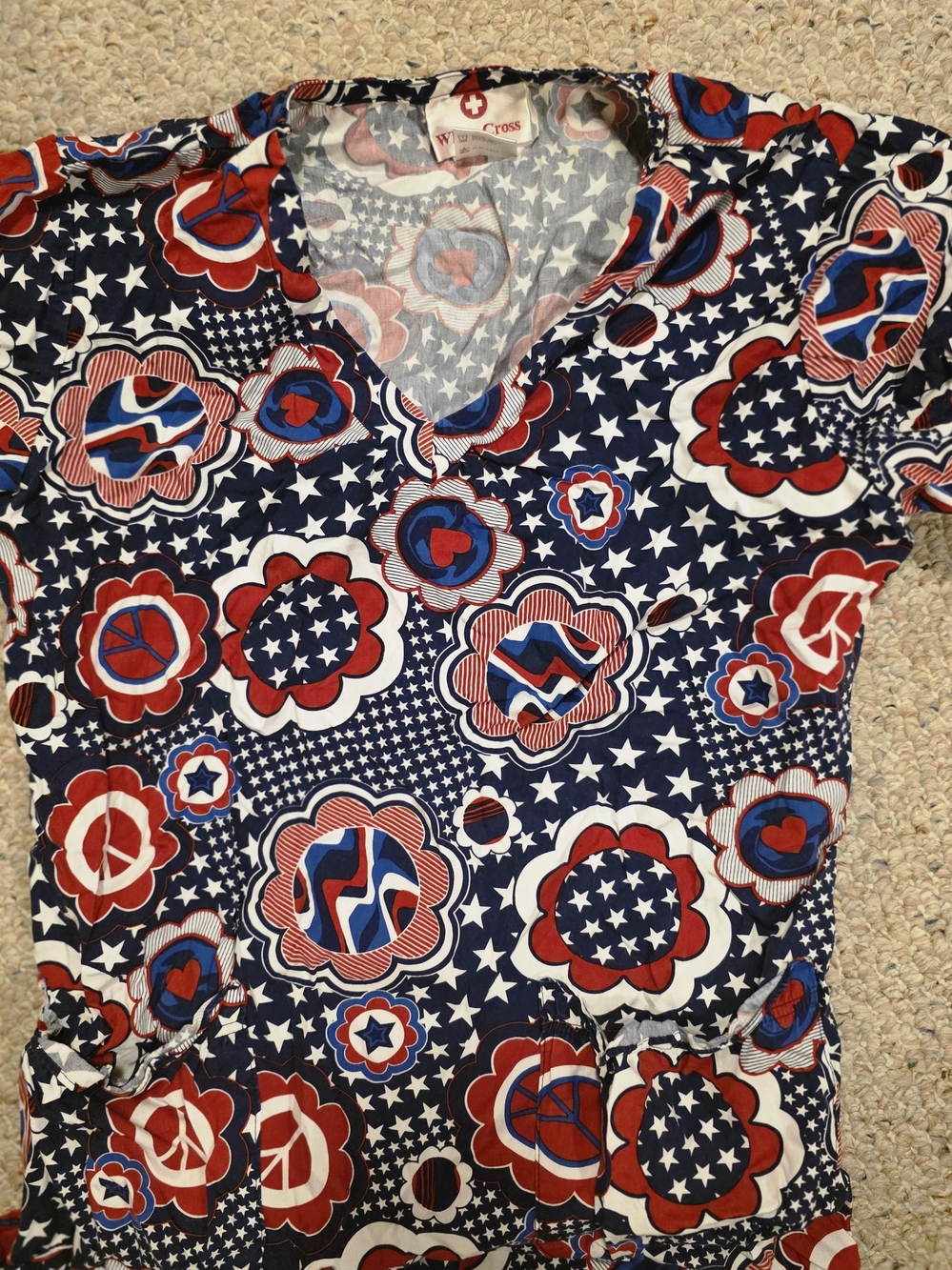 White Cross Women’s Small Red, White & Blue V-Neck Floral-Star Scrub Top
